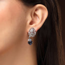 Rhodium Plated Silver Toned Leaf Shaped Navy Blue White American Diamond Studded Drop Earrings