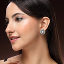 Rhodium Plated Silver Toned Floral Shaped Sea Green & White American Diamond & Pearl Studded Stud Earrings