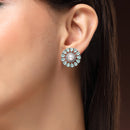 Rhodium Plated Silver Toned Floral Shaped Sea Green & White American Diamond & Pearl Studded Stud Earrings