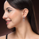 Rhodium Plated Silver Toned Floral Leaf Shaped Pink & White American Diamond Studded Drop Earrings