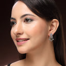 Rhodium Plated Silver Toned Starry Floral Shaped Green & White American Diamond Studded Drop Earrings