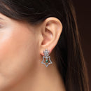 Rhodium Plated Silver Toned Starry Floral Shaped Green & White American Diamond Studded Drop Earrings