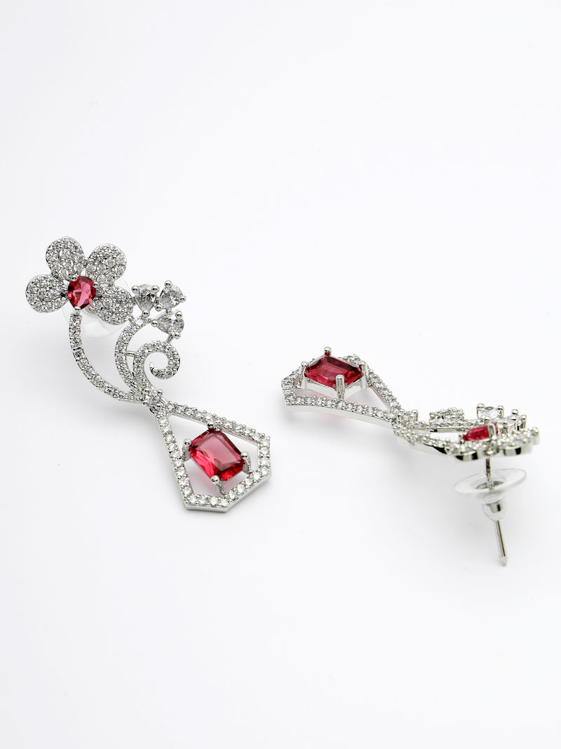 Rhodium Plated with Stylish Flower Design Red & White American Diamond Small Drop Earrings