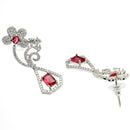 Rhodium Plated Geometric Floral Red American Diamond Contemporary Long Drop Earrings