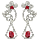 Rhodium Plated with Stylish Flower Design Red & White American Diamond Small Drop Earrings