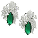 Rhodium Plated Floral Design with Green & White American Diamond Stud Earrings
