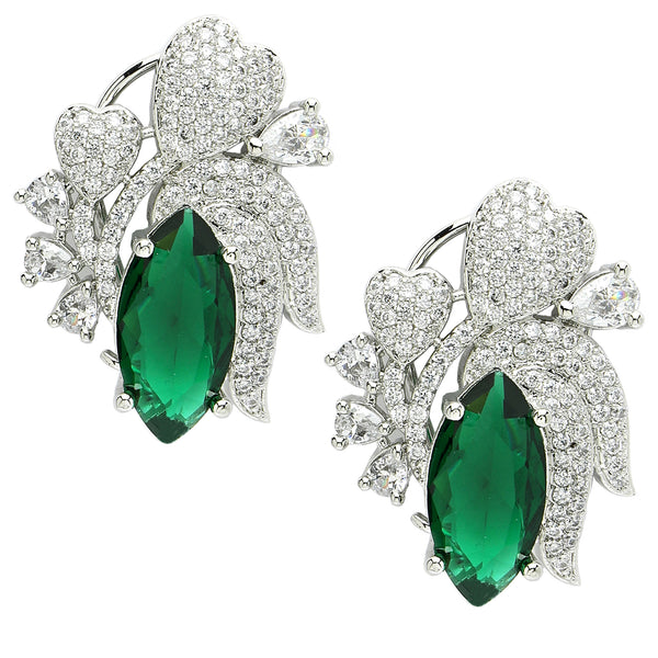 Rhodium Plated Floral Design with Green & White American Diamond Stud Earrings