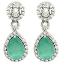 Rhodium Plated with Ocean Blue & White American Diamond Circular & Teardrop Shaped Drop Earrings