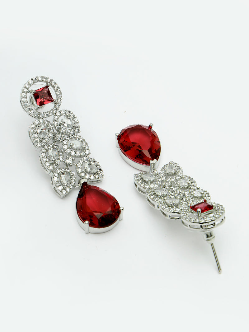 Rhodium Plated Silver Toned with Red American Diamond Small Drop Earrings