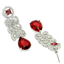 Rhodium Plated Sleek Oval Red American Diamond Contemporary Long Drop Earrings