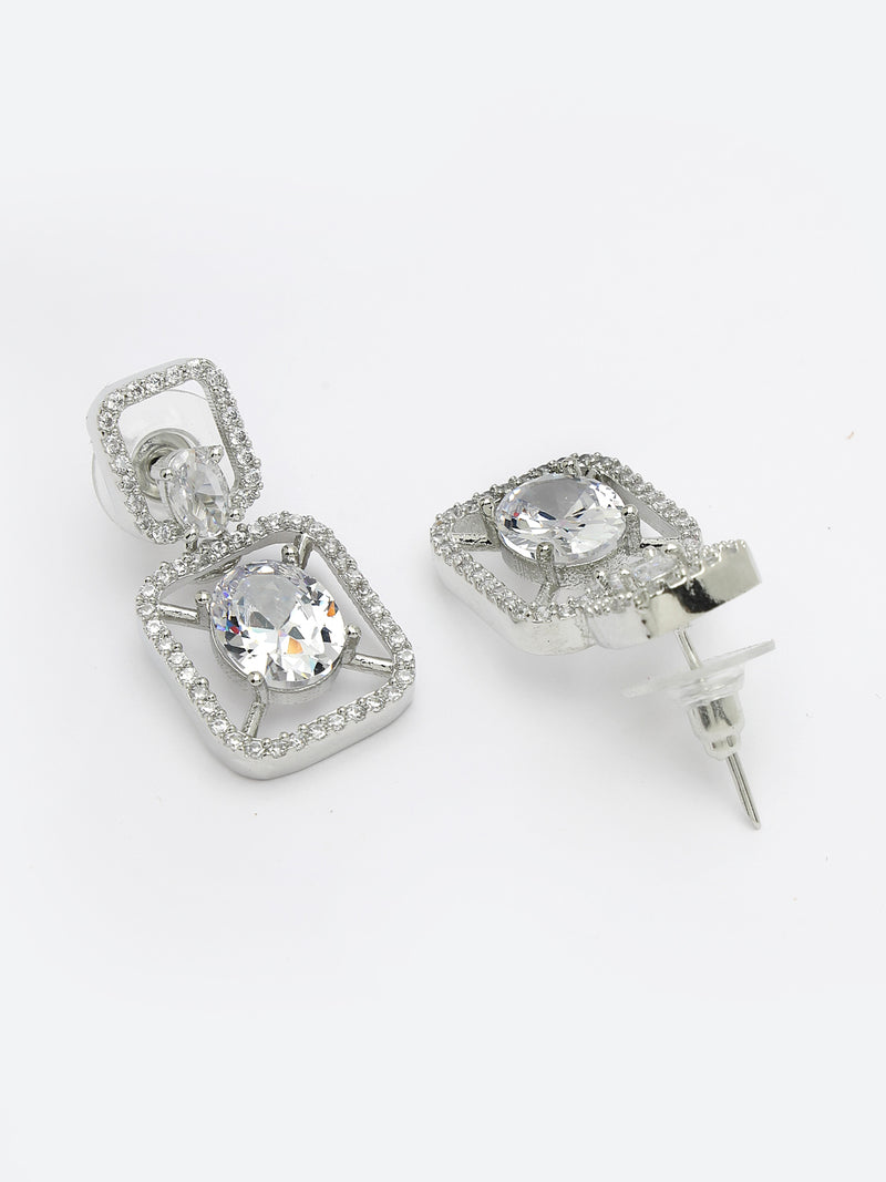 Rhodium Plated with White American Diamond Stylish Square Shaped Small Drop Earrings