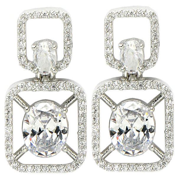 Rhodium Plated with White American Diamond Stylish Square Shaped Small Drop Earrings