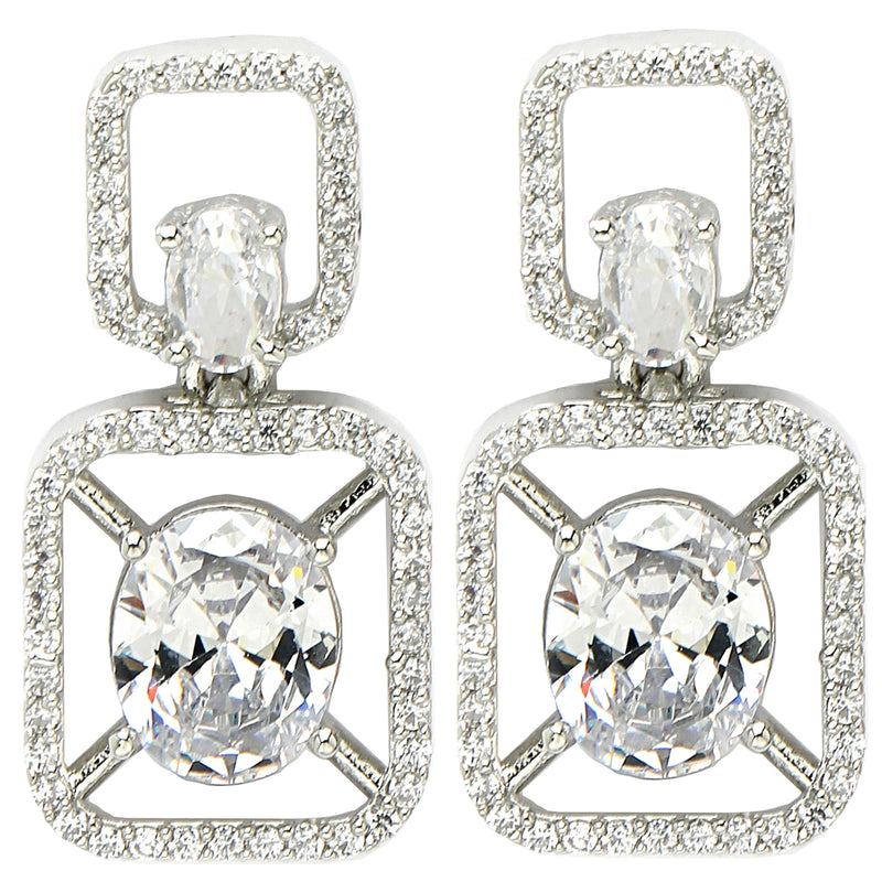 Rhodium Plated with White American Diamond Stylish Square Shaped Small Drop Earrings
