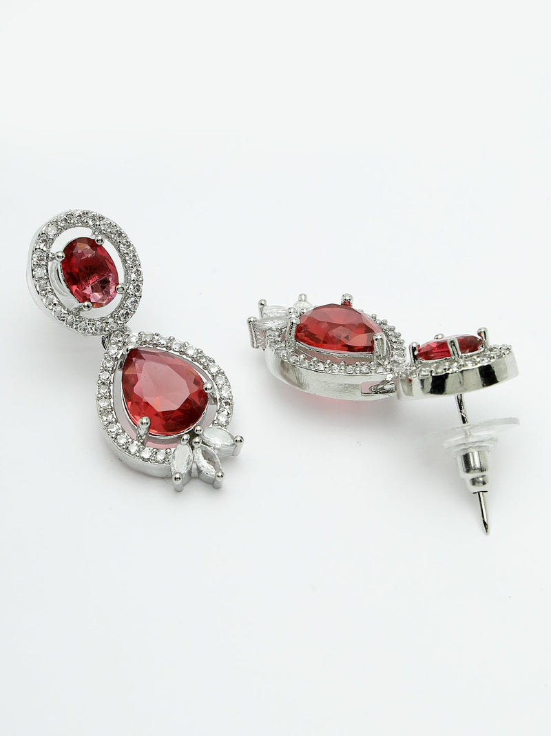 Rhodium Plated with Red & White American Diamond Small Drop Earrings