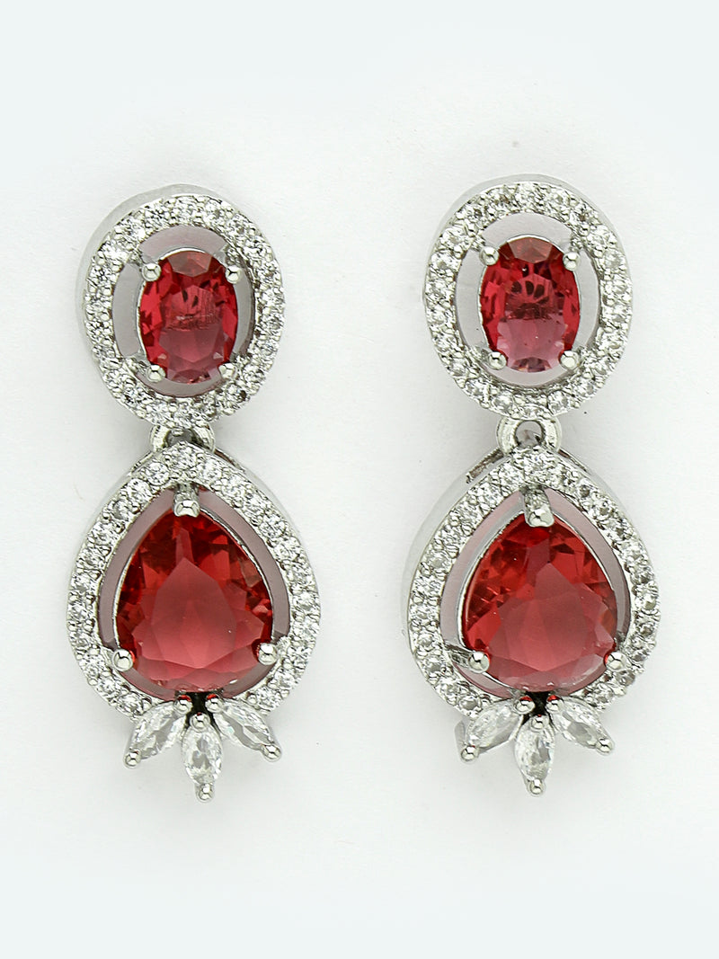 Rhodium Plated with Red & White American Diamond Small Drop Earrings