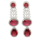 Rhodium Plated with Long Tear Drop Design Red & White American Diamond Drop Earrings