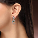 Rhodium Plated Silver Toned Floral Leaf Shaped Green & White American Diamond Studded Drop Earrings