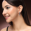 Rhodium Plated Silver Toned Floral Leaf Shaped Green & White American Diamond Studded Drop Earrings