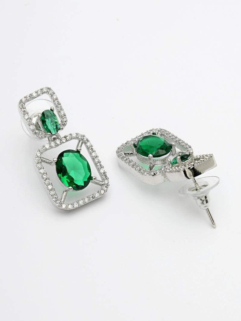 Rhodium Plated with Green American Diamond Stylish Square Shaped Small Drop Earrings