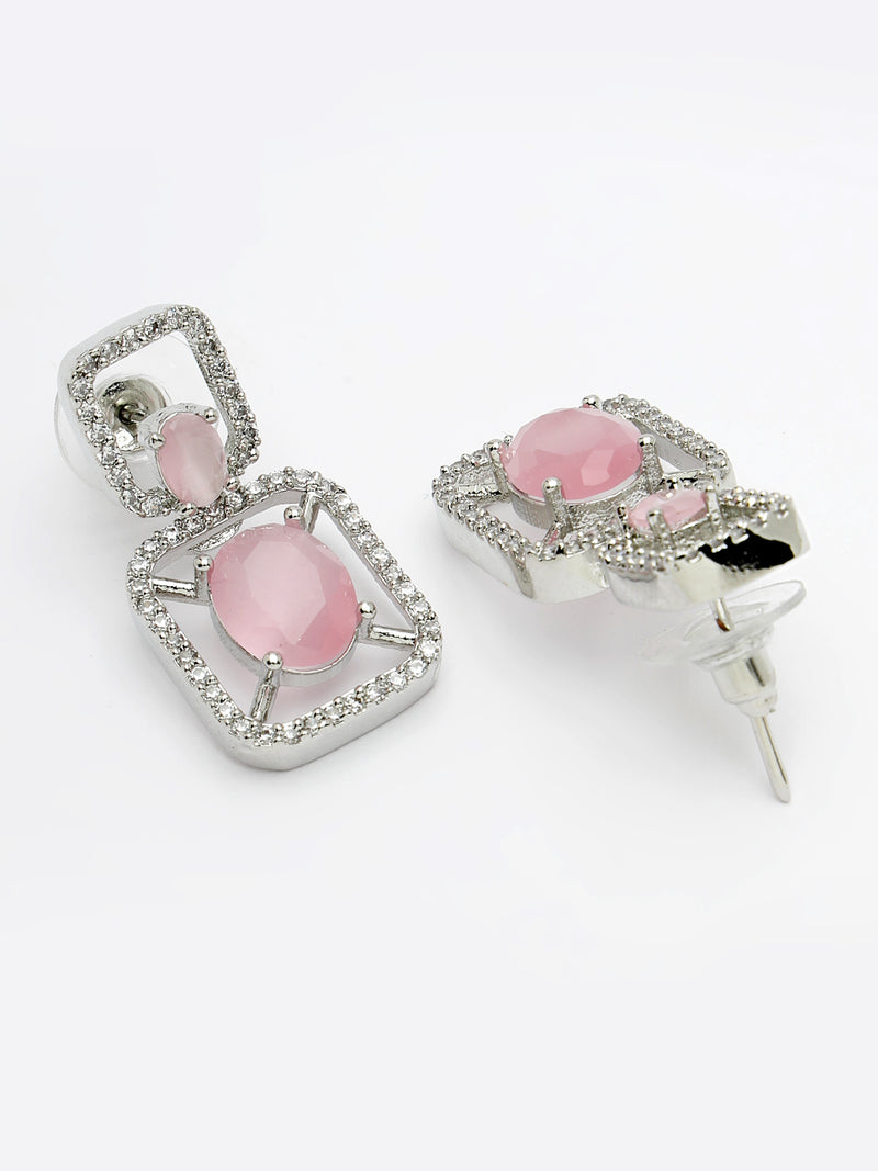 Rhodium Plated with Pink American Diamond Stylish Square Shaped Small Drop Earrings