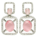 Rhodium Plated with Pink American Diamond Stylish Square Shaped Small Drop Earrings