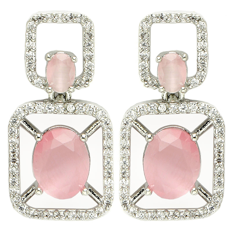 Rhodium Plated with Pink American Diamond Stylish Square Shaped Small Drop Earrings