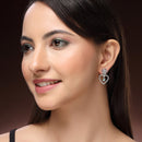 Rhodium Plated Silver Toned Hearty Floral Shaped Sea Green & White American Diamond Studded Drop Earrings