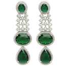 Rhodium Plated with Long Tear Drop Design Green & White American Diamond Drop Earrings