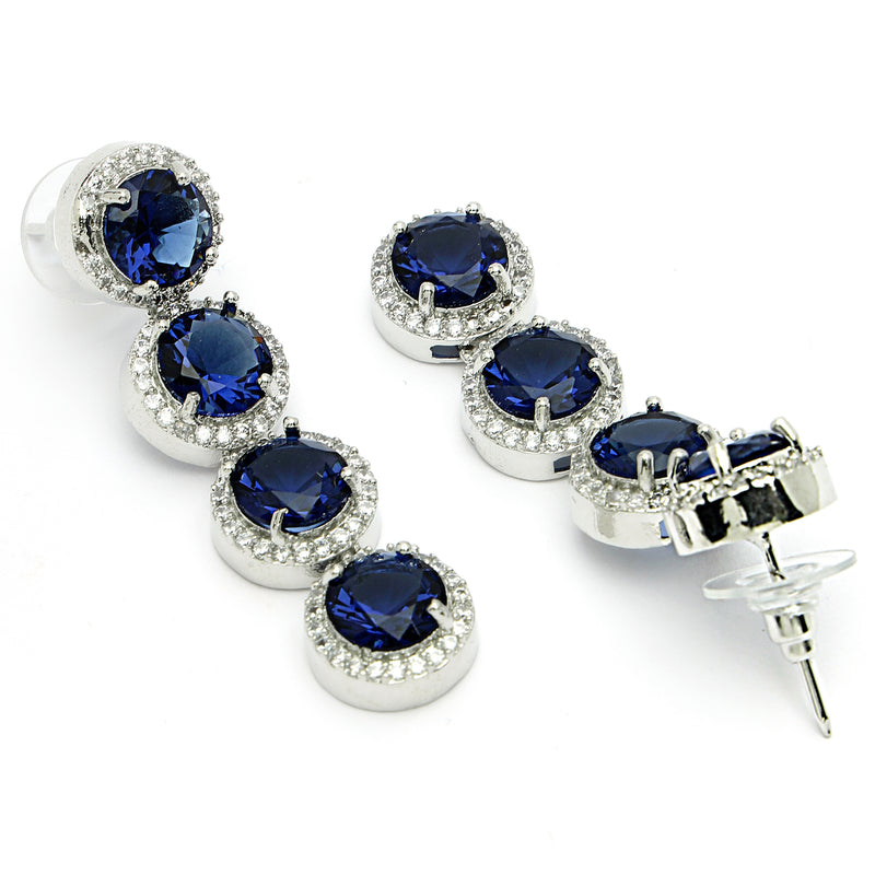 Rhodium Plated Silver Toned with Blue American Diamonds Dangler earrings