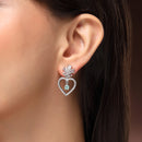 Rhodium Plated Silver Toned Hearty Floral Shaped Sea Green & White American Diamond Studded Drop Earrings
