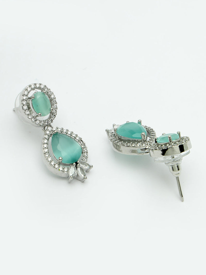 Rhodium Plated with Ocean Blue & White American Diamond Small Drop Earrings