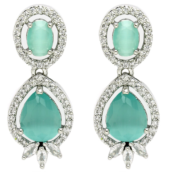 Rhodium Plated with Ocean Blue & White American Diamond Small Drop Earrings