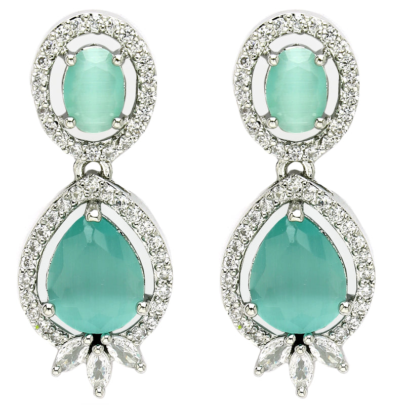 Rhodium Plated with Ocean Blue & White American Diamond Small Drop Earrings