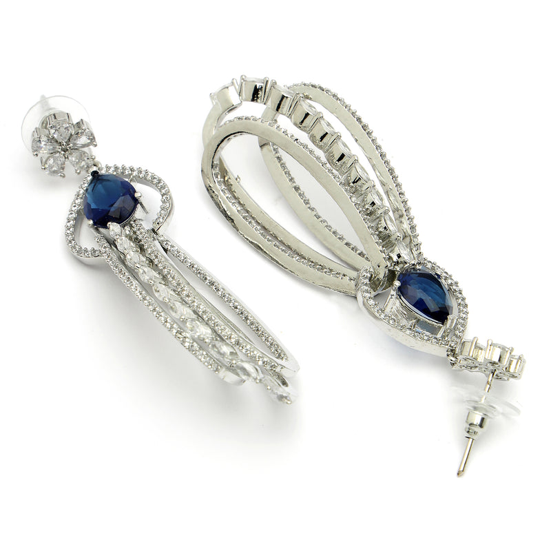 Rhodium Plated with Cluster Design Blue & White American Diamond Dangler Earrings