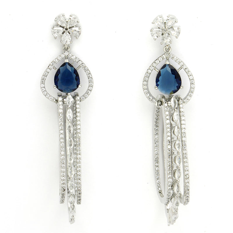 Rhodium Plated with Cluster Design Blue & White American Diamond Dangler Earrings