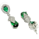 Rhodium Plated Teardrop Green AD Contemporary Drop Earrings