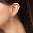 Rhodium Plated Silver Toned Starry Floral Shaped White American Diamond Studded Drop Earrings