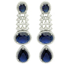 Rhodium Plated with Long Tear Drop Design Blue & White American Diamond Drop Earrings