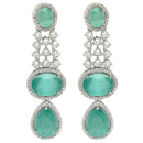 Rhodium Plated with Long Tear Drop Design Ocean Blue & White American Diamond Drop Earrings