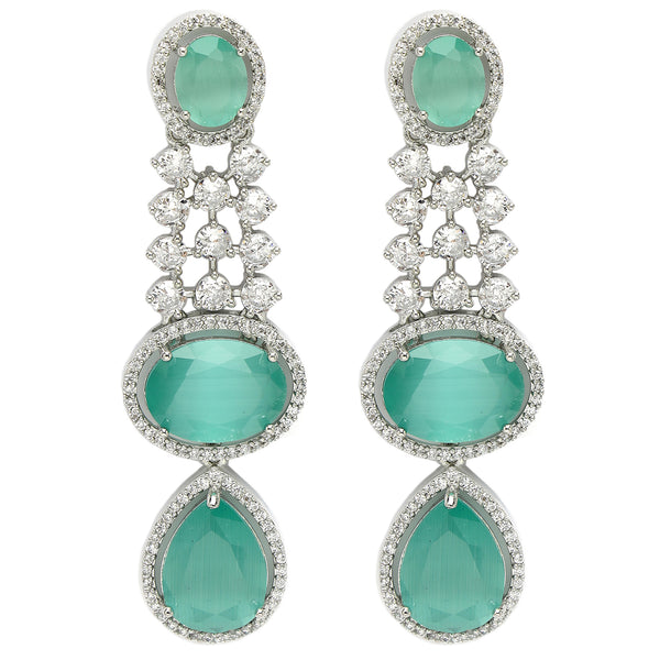 Rhodium Plated with Long Tear Drop Design Ocean Blue & White American Diamond Drop Earrings