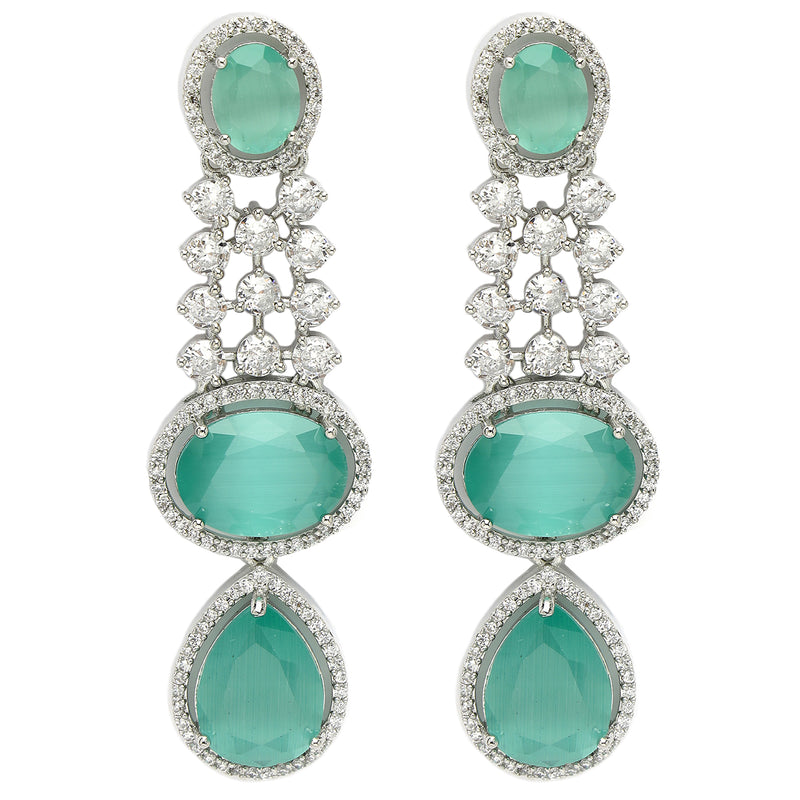 Rhodium Plated with Long Tear Drop Design Ocean Blue & White American Diamond Drop Earrings