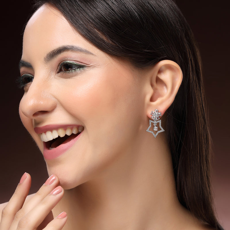 Rhodium Plated Silver Toned Starry Floral Shaped White American Diamond Studded Drop Earrings