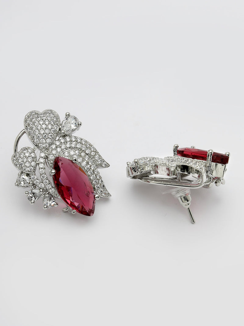 Rhodium Plated Floral Design with Red & White American Diamond Stud Earrings