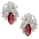Rhodium Plated Floral Design with Red & White American Diamond Stud Earrings