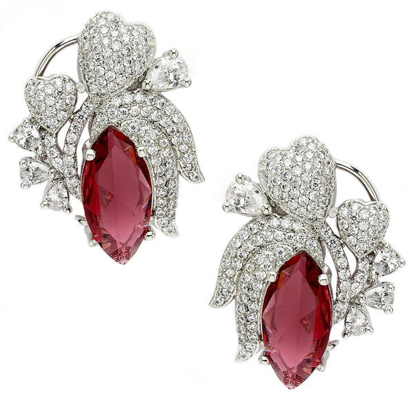 Rhodium Plated Floral Design with Red & White American Diamond Stud Earrings