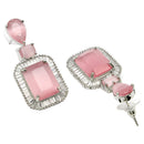 Rhodium Plated Rectangular Shape Pink American Diamond Contemporary Long Drop Earrings
