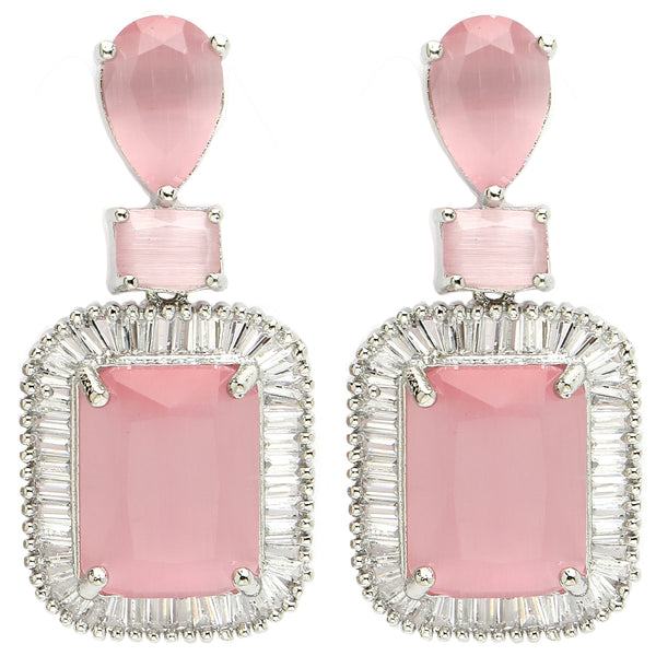 Rhodium Plated Silver Toned with Pink American Diamond Small Drop Earrings