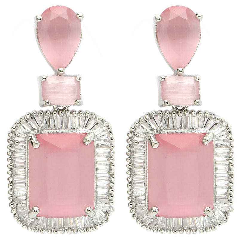 Rhodium Plated Silver Toned with Pink American Diamond Small Drop Earrings