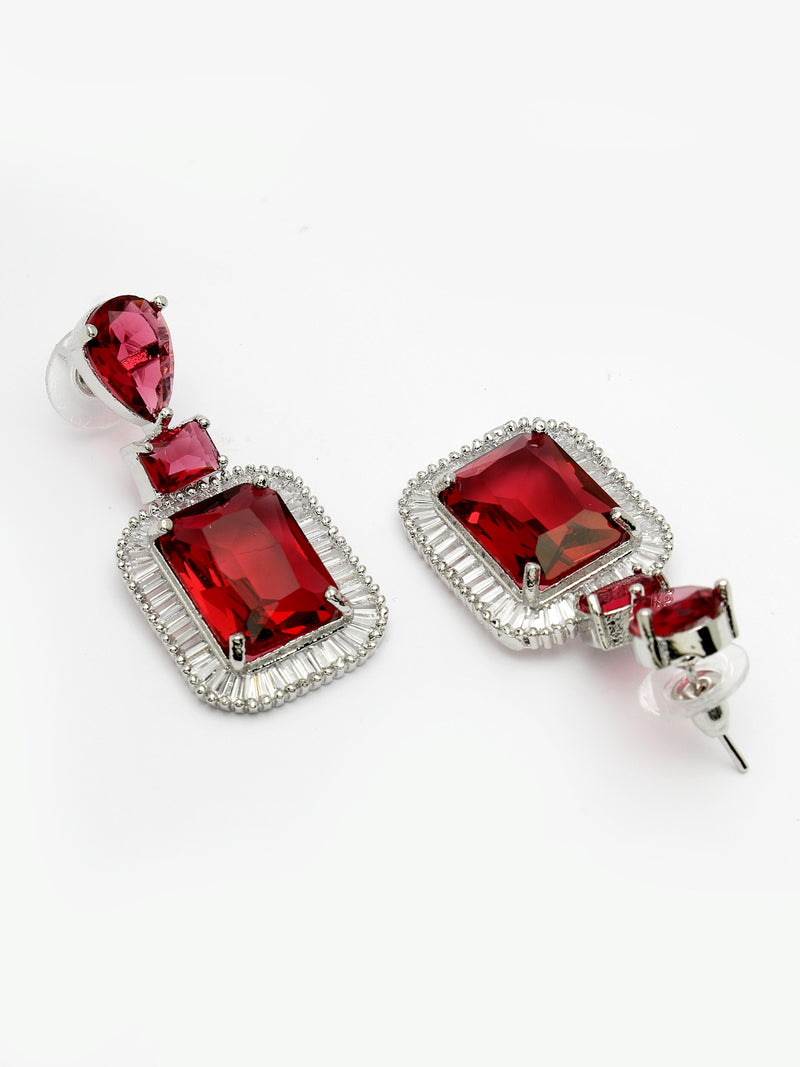 Rhodium Plated Silver Toned with Red American Diamond Small Drop Earrings