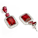 Rhodium Plated Rectangular Shape Red American Diamond Contemporary Long Drop Earrings